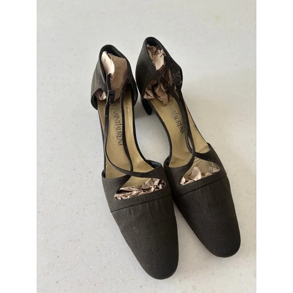 Vintage Yves Saint Laurent YSL Italy Canvas Peep Toe Slingback Heels Brown - Picture 3 of 9